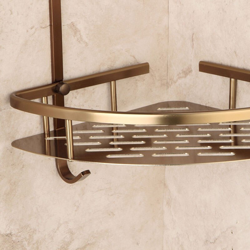 2-Tier Bathroom Shelves Antique Brass Material With Robe Hook Bathroom Storage Basket Wall Mounted Bathroom Corner Shelf 9115F