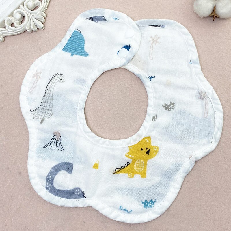 Cartoon Kinderen Slabbetjes 360 Roterende Bloemblaadje Bib Vier-Layer Mousseline Katoenen Baby Speeksel Slabbetjes Voeden Zorg Rijst Zak Leuke baby Slabbetjes: Dinosaur