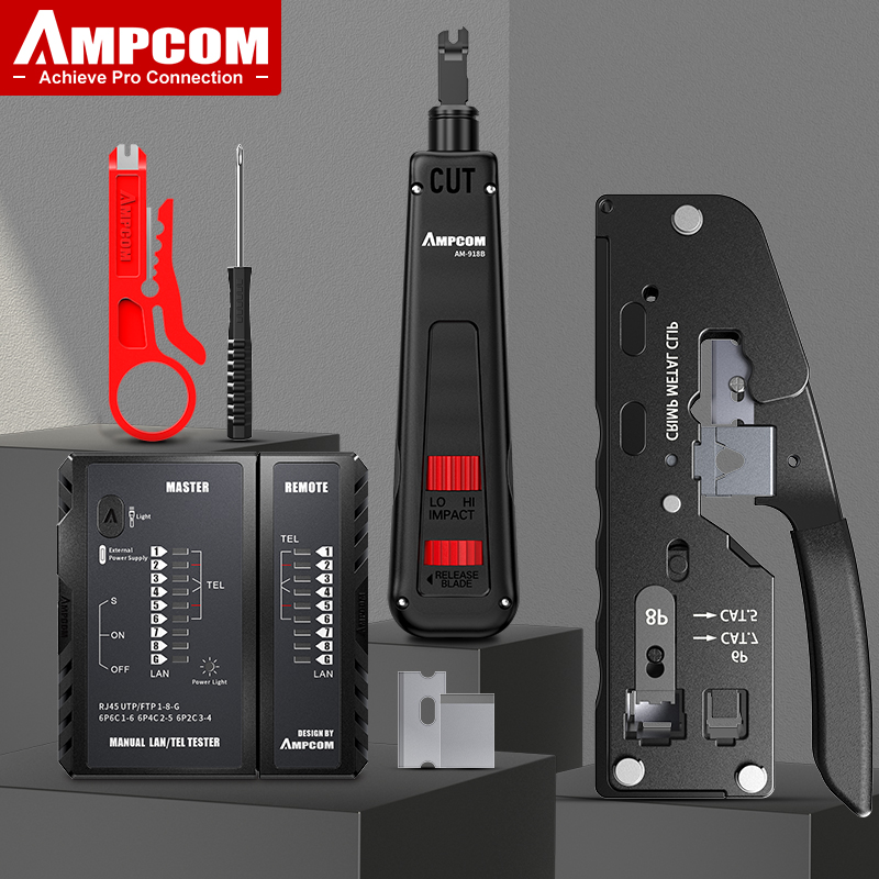 AMPCOM RJ45 Crimper Lan Tester Tool Set Ethernet Cable Stripper Punch Down Tool rj 45 rj11 Connectors 12 in 1 Cabling Repair Set: Gold
