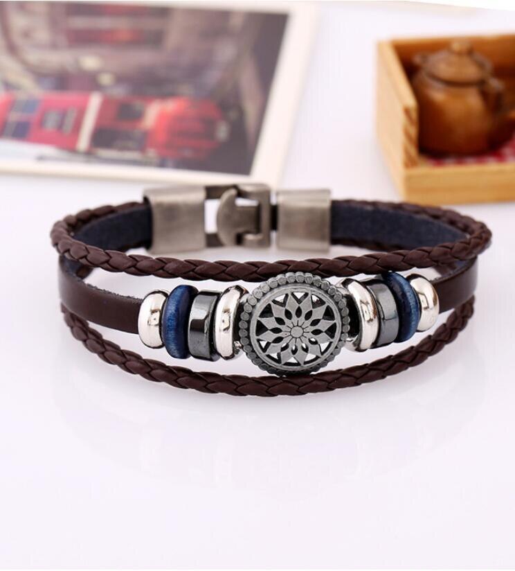 Lucky Vintage Men's Leather Bracelet Wood Beads Charm Multilayer Braided Bracelets Bangles Women Pulseira Masculina: Brown / 20cm