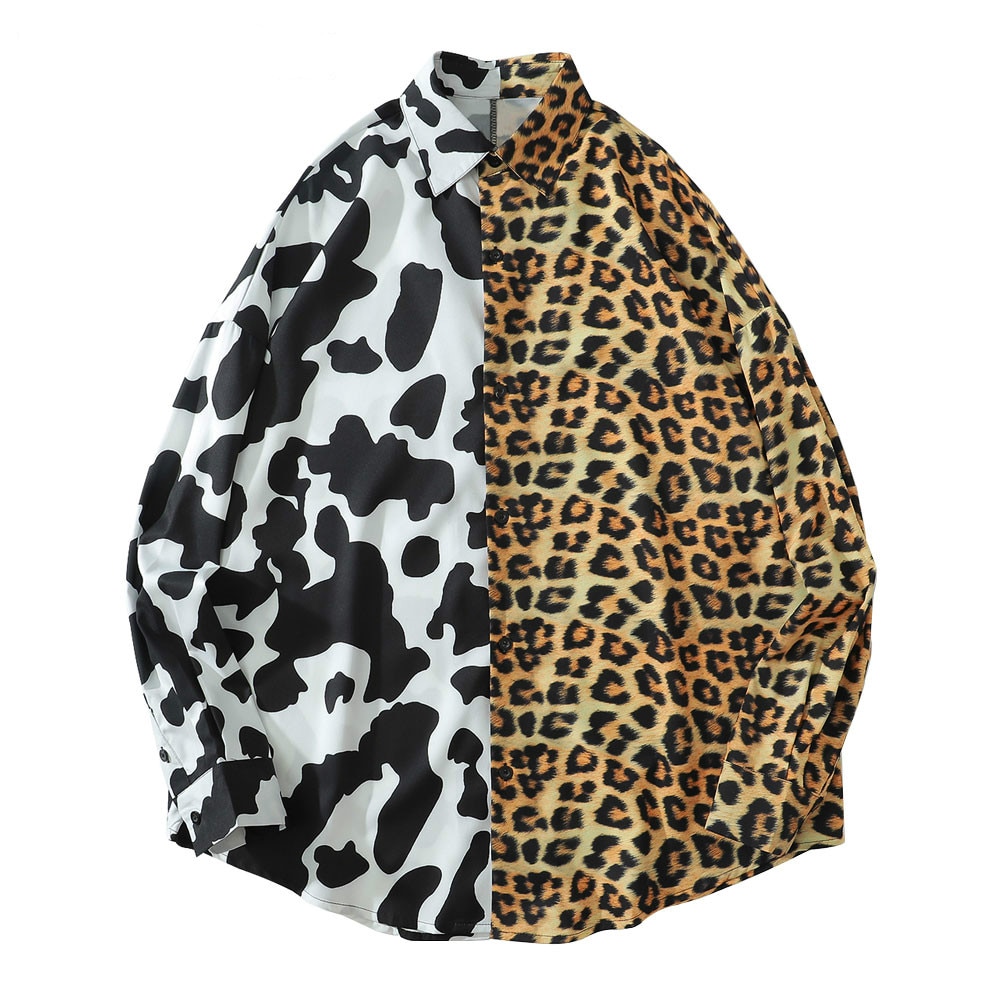 Homme chemise imprimé léopard vache bicolore à manches longues chemise hawaïenne plage fête streetwear Harajuku hip-hop décontracté haut ample