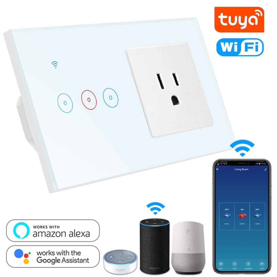Tuya Smart Life Electrical Socket and Switch WiFi LED Light Touch Wall Switch 3 gang and US Socket Compatible Alexa Google Home