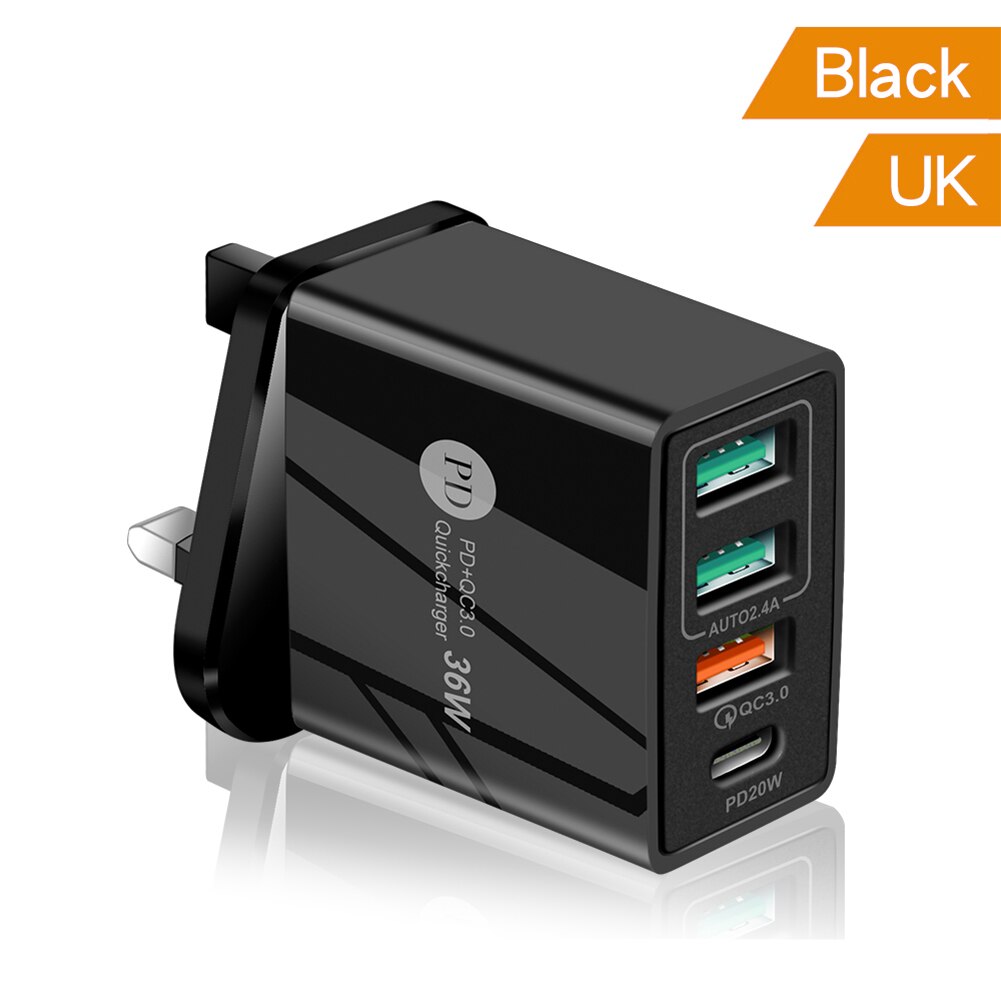 4 porty 36W ładowarka do telefonu komórkowego 2.4A PD 20W szybkie ładowanie 3.0 USB typ C ładowarka ścienna do iPhone 13 12 11 Xiaomi Samsung: Black-UK plug