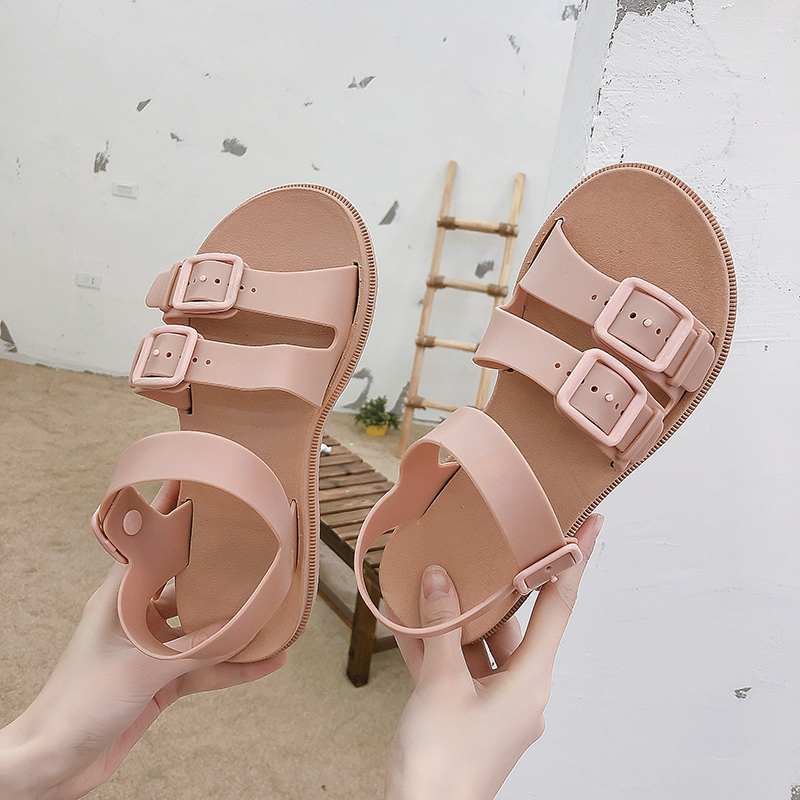 Lucyever Women Flat Gladiator Sandals Open Toe Buckle Solid Jelly Sandals Female Casual Comfortable Platform Beach Slides: Pink / 37