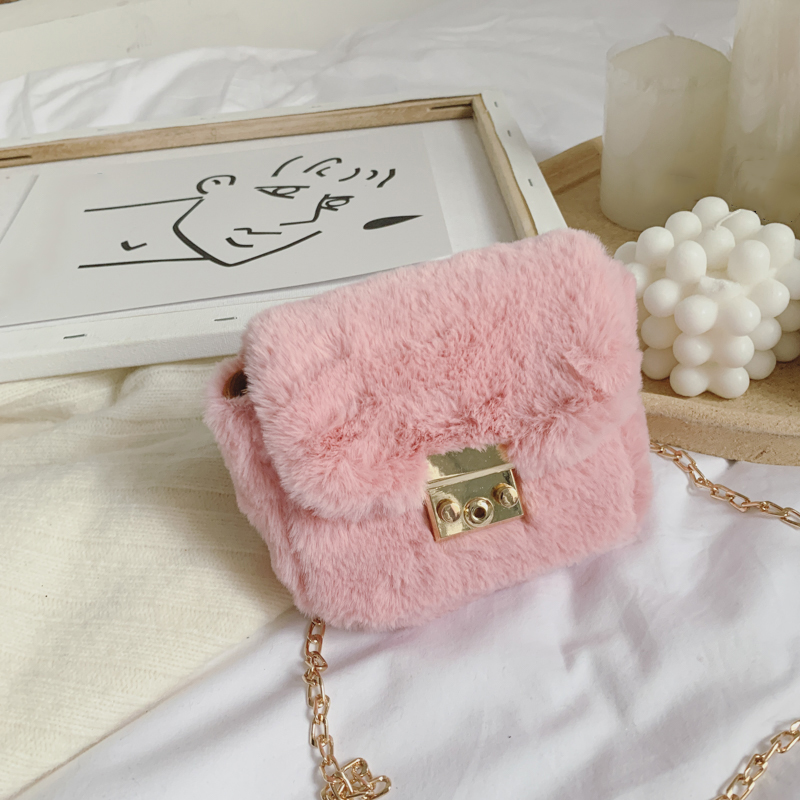 Cute Baby Girls Handbag Party Bag Solid Fur Lock Hasp Chain Belt Shoulder Bag Crossbody Bag Casual Bag: Pink