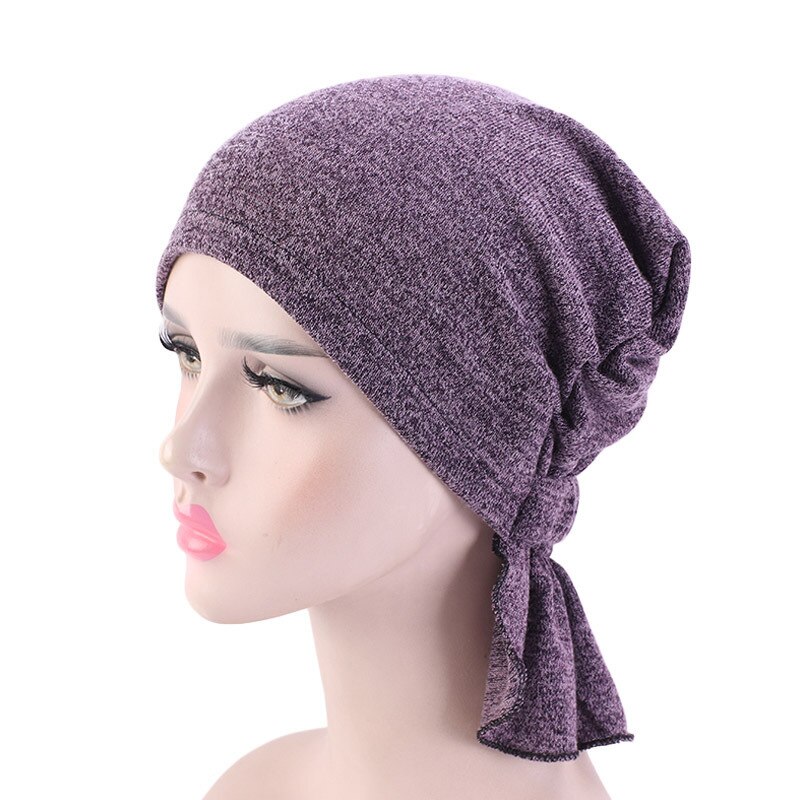 Kvinders muslimske hijab stretchy bomuldshat turban hår hætter dække hårtab hovedtørklæde wrap præ-bundet hovedbeklædning stræk hår styling: Lilla