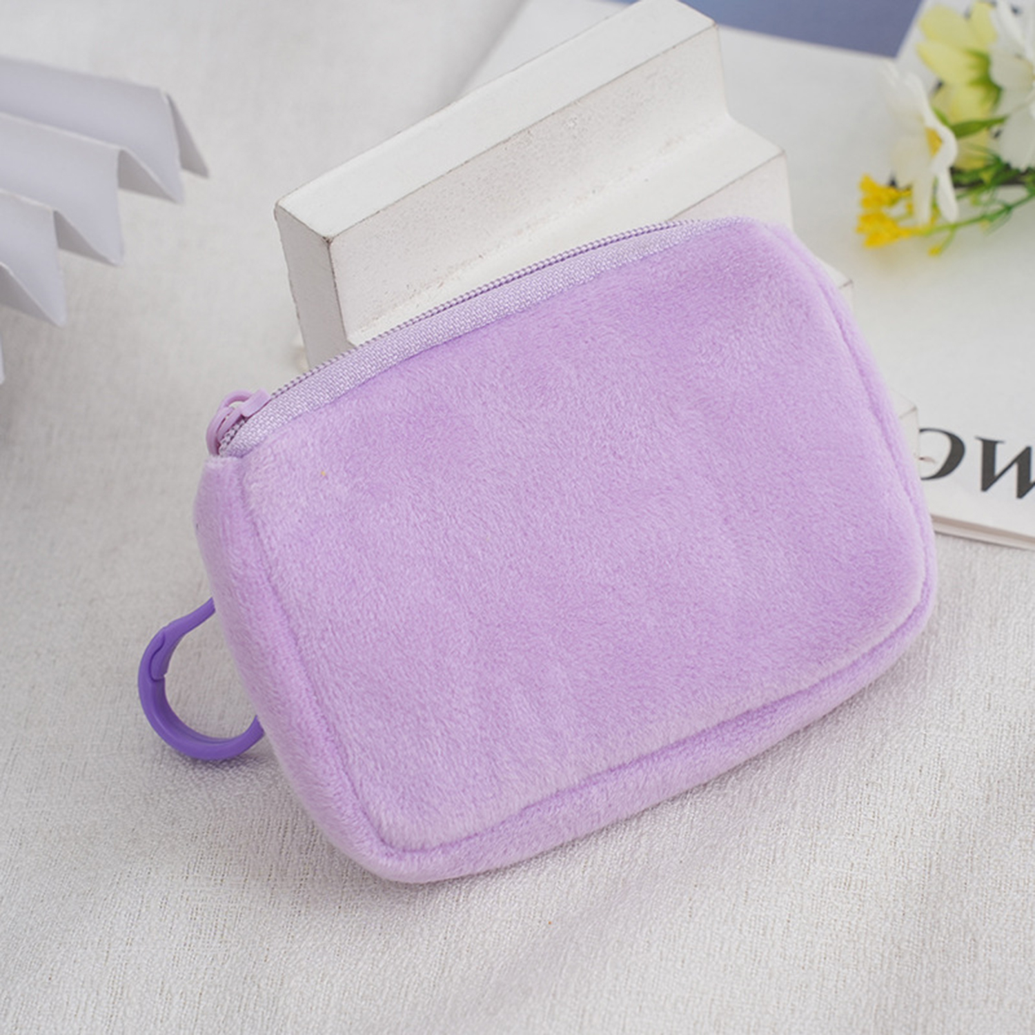 Solid Color Plush Coin Purses Mini Coin Wallet Storage Bag Card Holder Credit ID Wallet Pocket Women Girls Female Coin Purse Zip: PURPLE