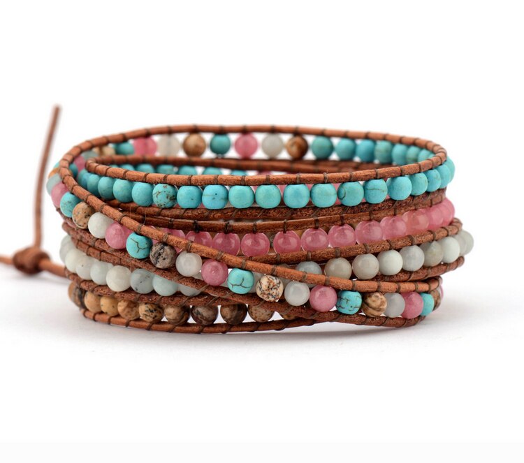 High End Mix Natural Stones 5 Layers Leather Wrap Bracelets Multilayer Weaving Beaded Bracelet Handmade Bracelet