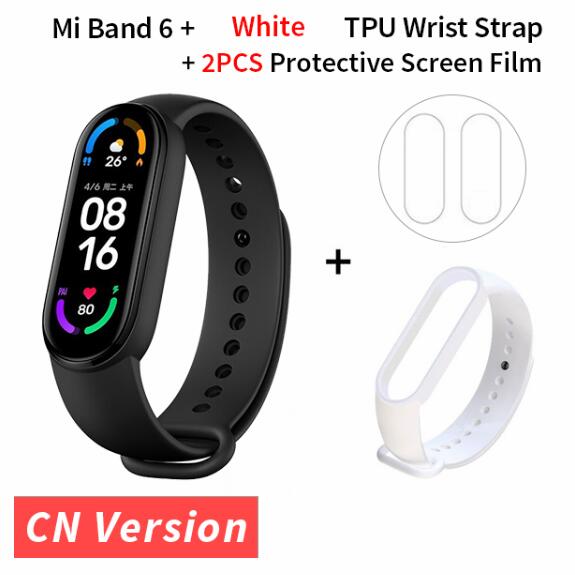 Original Xiaomi Mi banda 6 de oxígeno en la sangre de 1,56 ”AMOLED rastreador de ejercicios Monitor del ritmo cardíaco de la 5 Color inteligente pulsera Miband gota de 6: white strap film