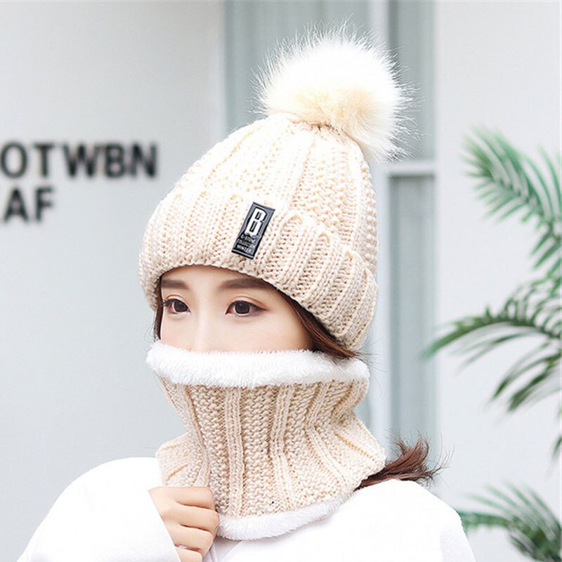 Frauen Dicke Kabel Stricken Hut Schal Weibliche Mützen Plüsch Hut Und Ring Schal Winter Warme Frau Dame Pom Pom kappe Schals Rosa