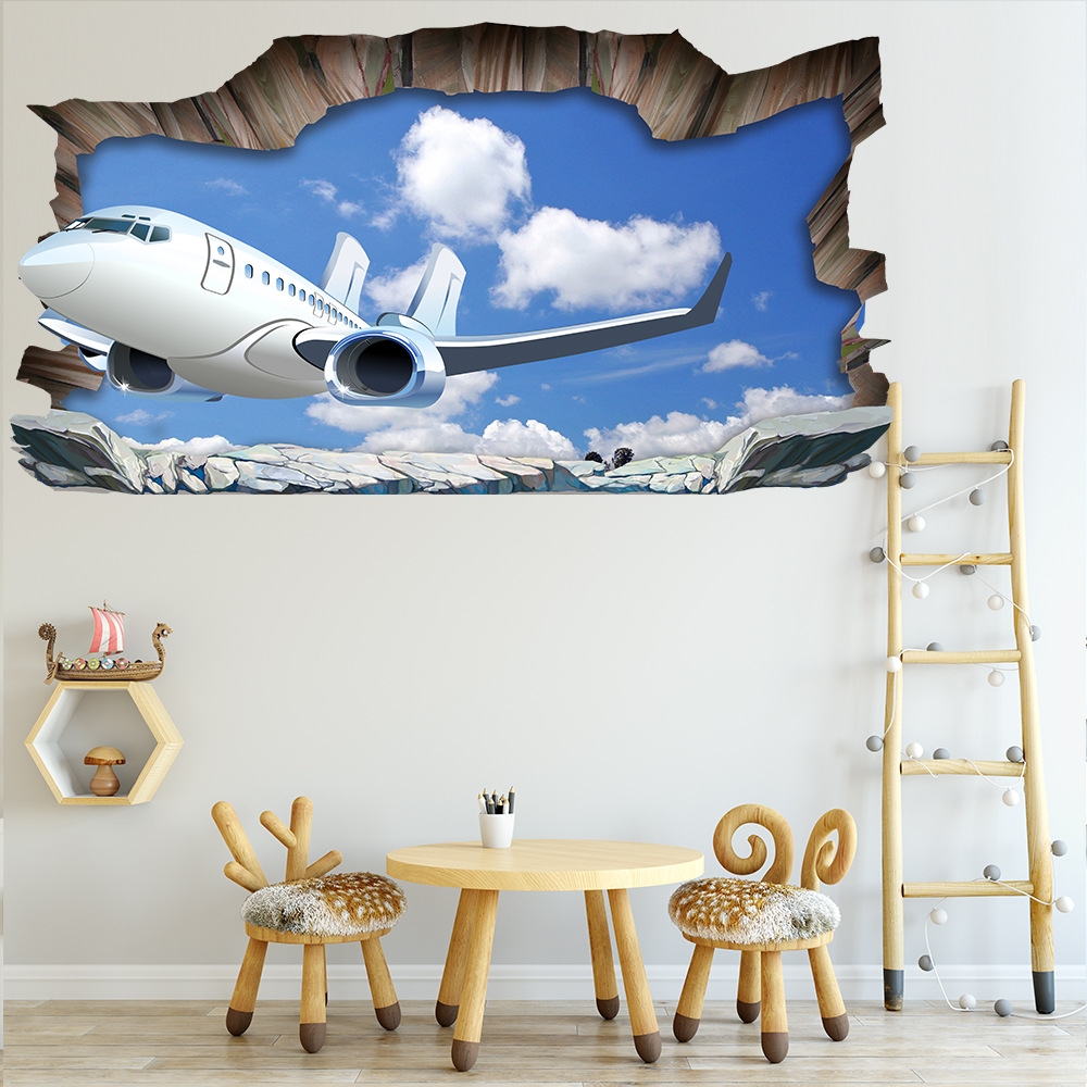 3D Aircraft Broken Wall Floor Sticker Waterproof Blue Sky White Clouds Wall Sticker For Bathroom Kids Rooms Home Decor Art Mural
