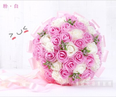 Fioletowy bukiet ślubny sztuczne 45 sztuk sztuczny kwiat róży z wstążka duży bukiet ślubny kwiaty druhny suknie ślubne uchwyt na: różowy biały