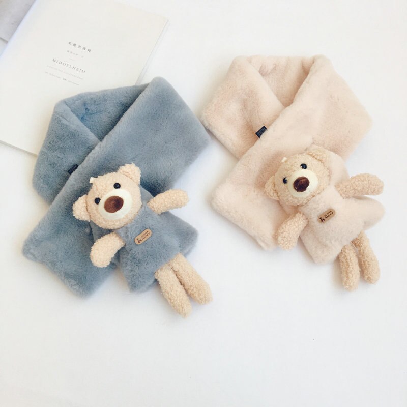 Autumn Winter Girls Warm Fleece Scarf with Bear Kids Fleece Scarves