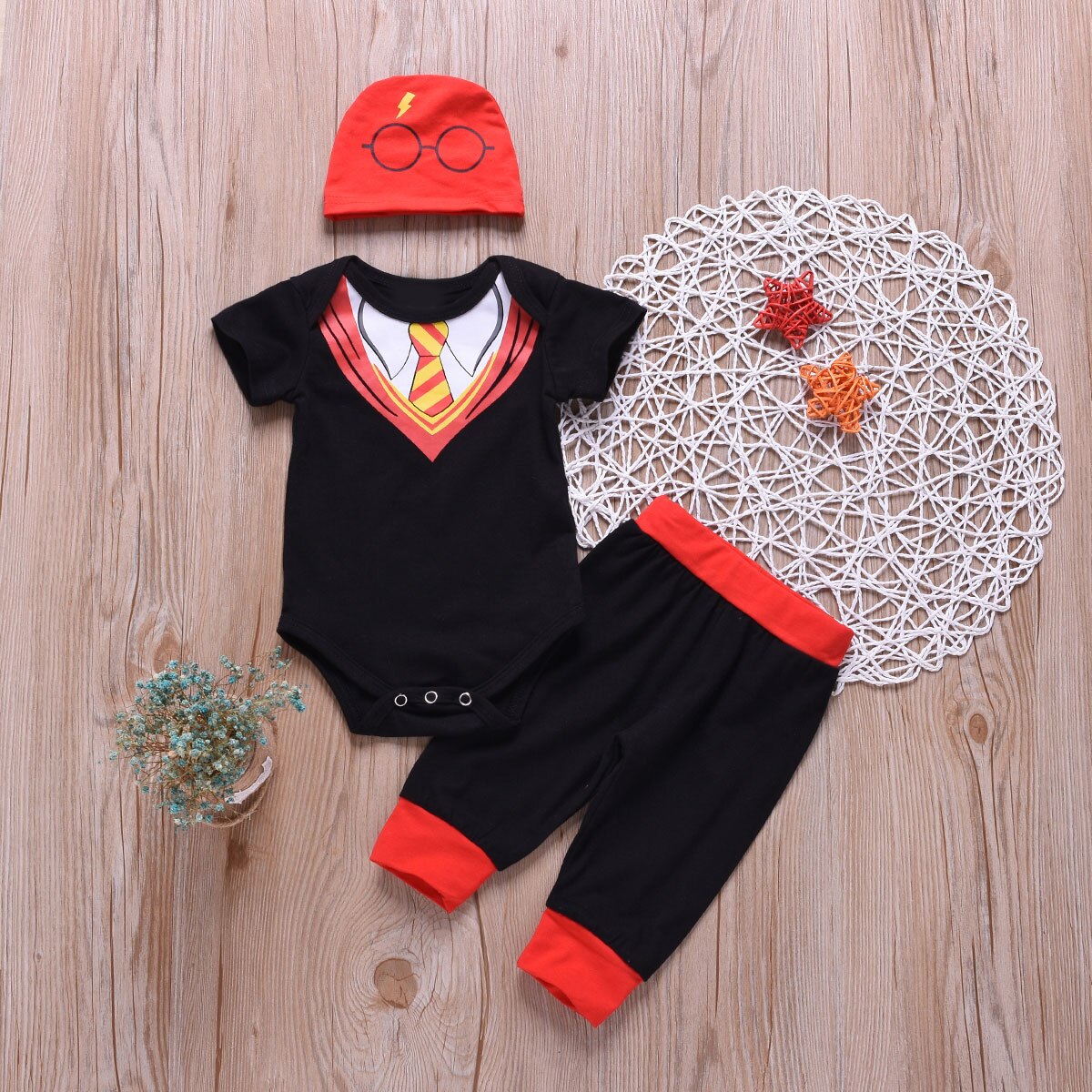 Bébé enfant en bas âge garçon tenue décontractée costume cravate barboteuse + pantalon + imprimé chapeau 3 pièces/ensemble 0-18M survêtement enfants garçons ensemble d'été