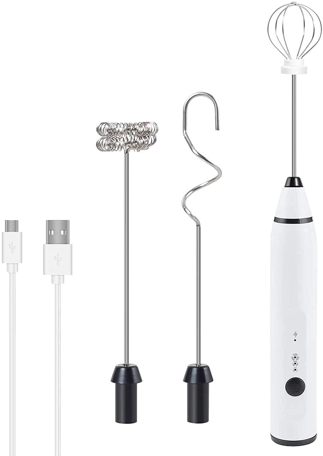 Electric Milk Frother Handheld Blender USB Rechargeable 3-Speed Mixer with 3 Stainless Whisks for Coffee Egg Latte Cappuccino: White