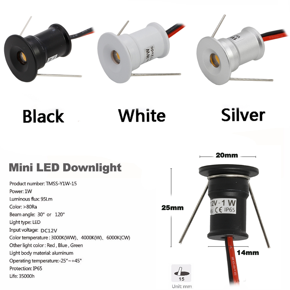 LED Spot Light 1W 12V Mini Spotlight Dimbaar Verzonken Plafond Downlight IP65 Zwart Zilver Wit Trapkast Spot verlichting