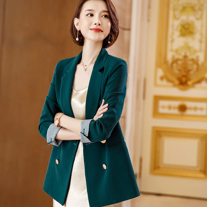 Lenshin Double boutonnage contraste manches Blazer en vrac haute-rue décontracté Style veste bureau dame manteau usure