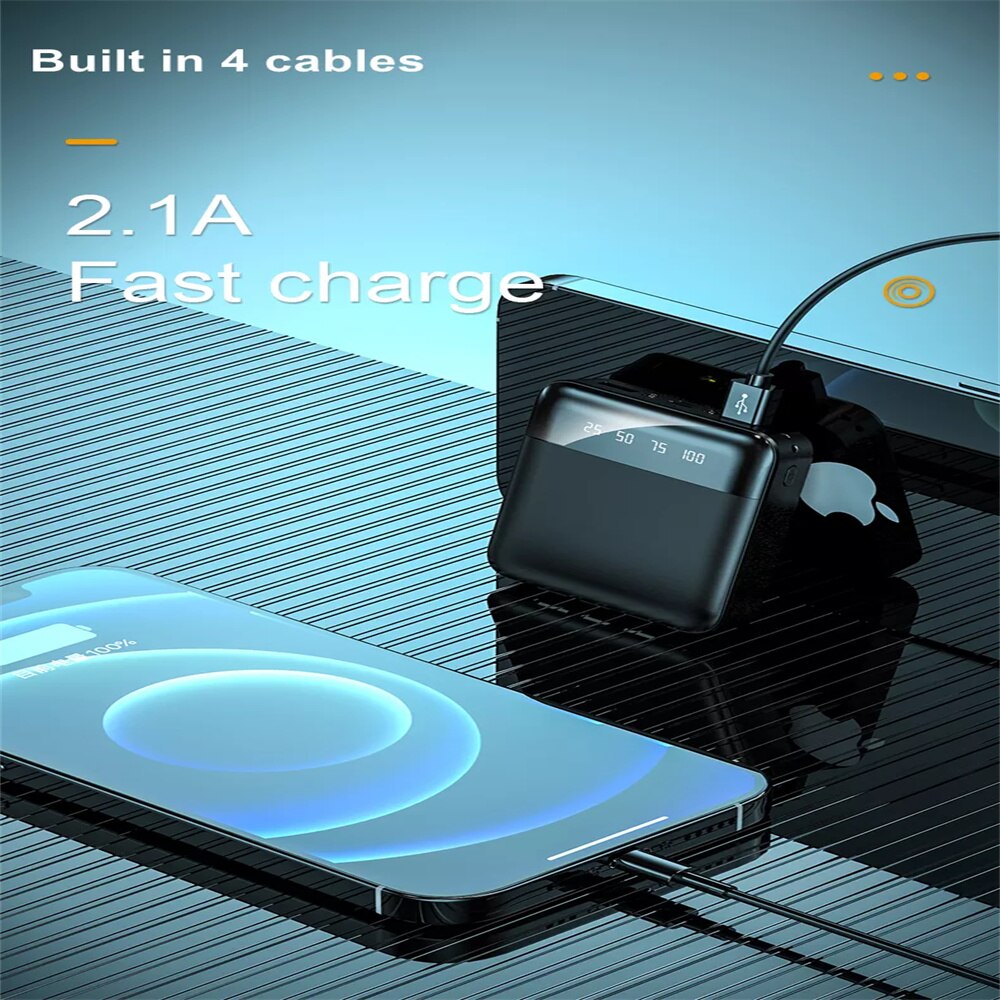 20000Mah Mini Power Bank Met Digitale Display Draagbare Oplader Ingebouwde 4 Kabels Power Bank Externe Batterij Powerbank