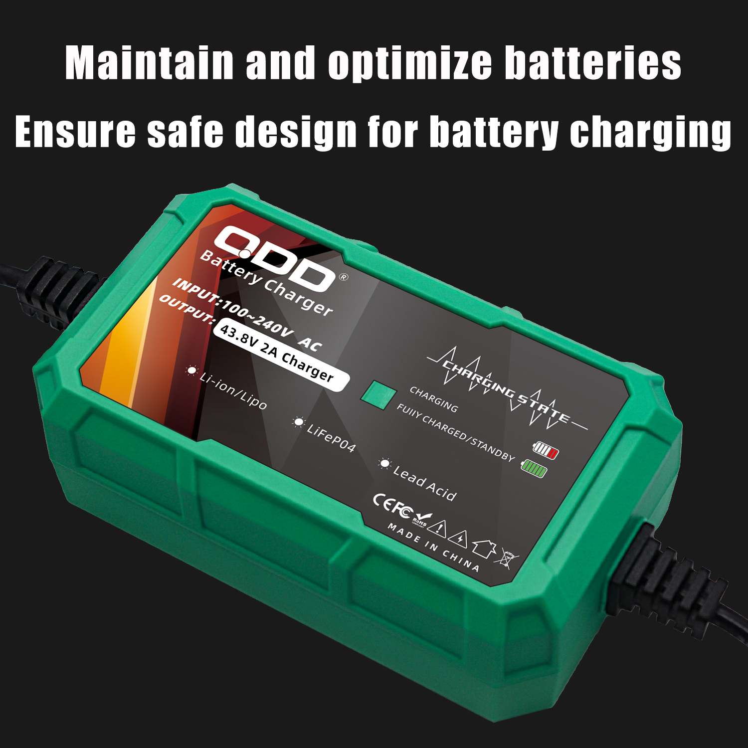 43.8V 2A LiFePO4 Battery Charger for 12S 38.4V Battery Pack LiFePO4 Battery Charger with Multiple Connectors