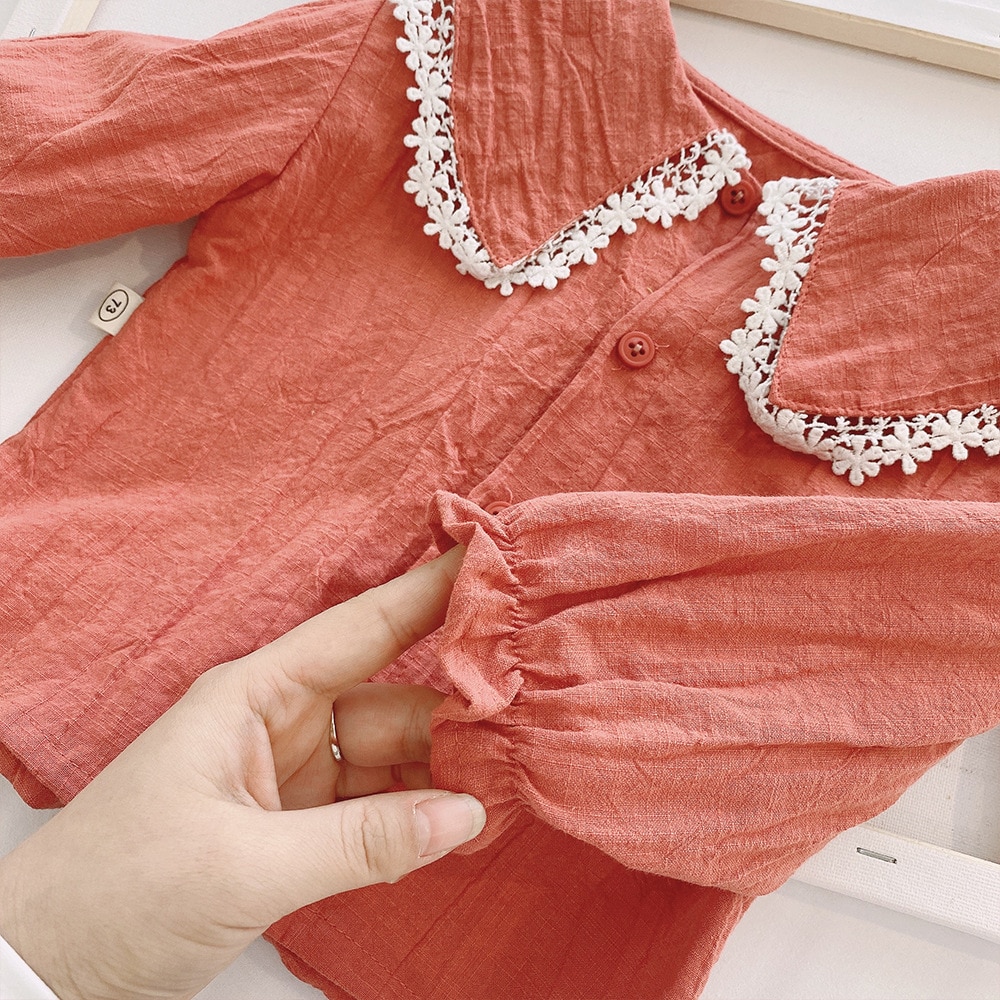 printemps bébé filles couleur unie col à fleurs à manches longues chemise