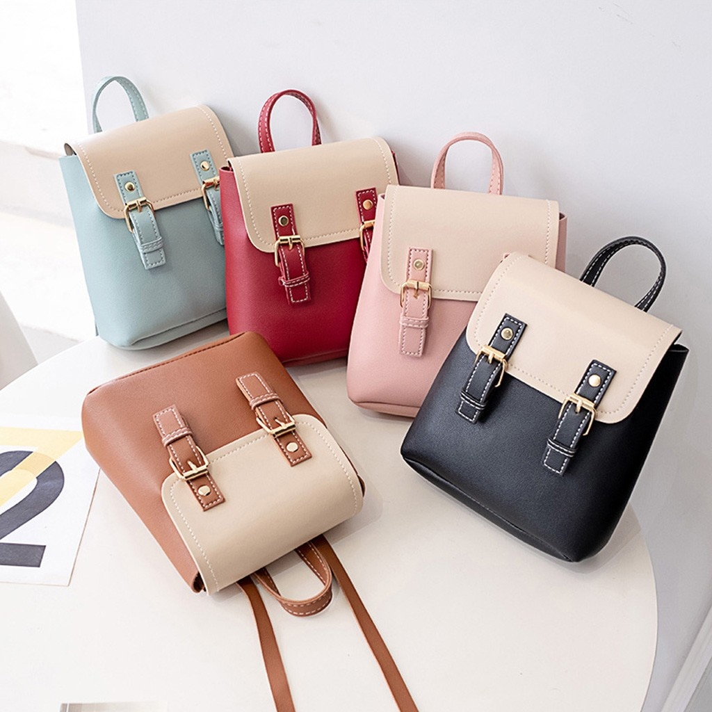 Women Backpack Purse Oxford Cloth PU Leather Back Pack Feminine Student Bookbag Travel Mini Bag Contrast Color Sac A Dos