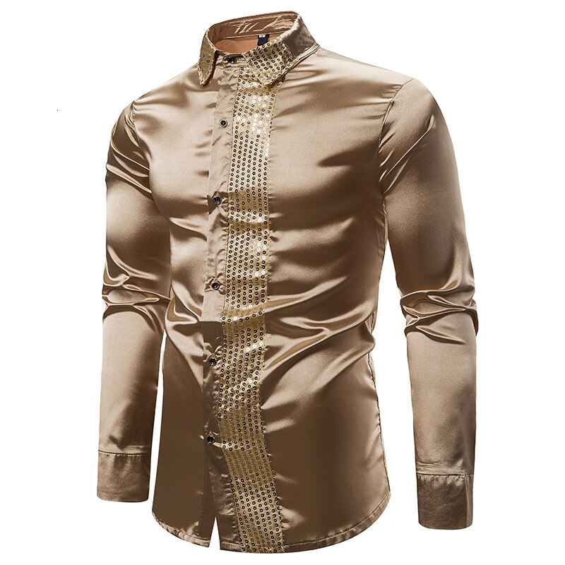 Timall 2020 herre silke sateng skinnende skjorter herre slim fit langermet paljett patchwork fest nattklubb bryllup skjorte s -2xl: Gull / 2xl bryst 130cm