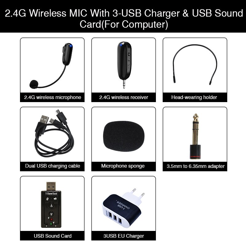 Mini 2.4G Wireless Microphone Systems Speech Headset Megaphone Mic For Computer PC Loudspeaker Teaching Tour Guide: 3usb plug sound card