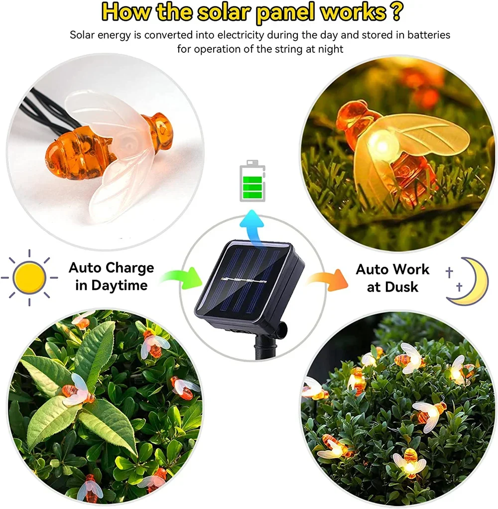 10 m 100 LED Solar- Biene Lichterketten draussen Gebühr Licht Weihnachten Girlande 8 Modi Wasserdicht Terrasse Garten Party Weihnachten Dekor
