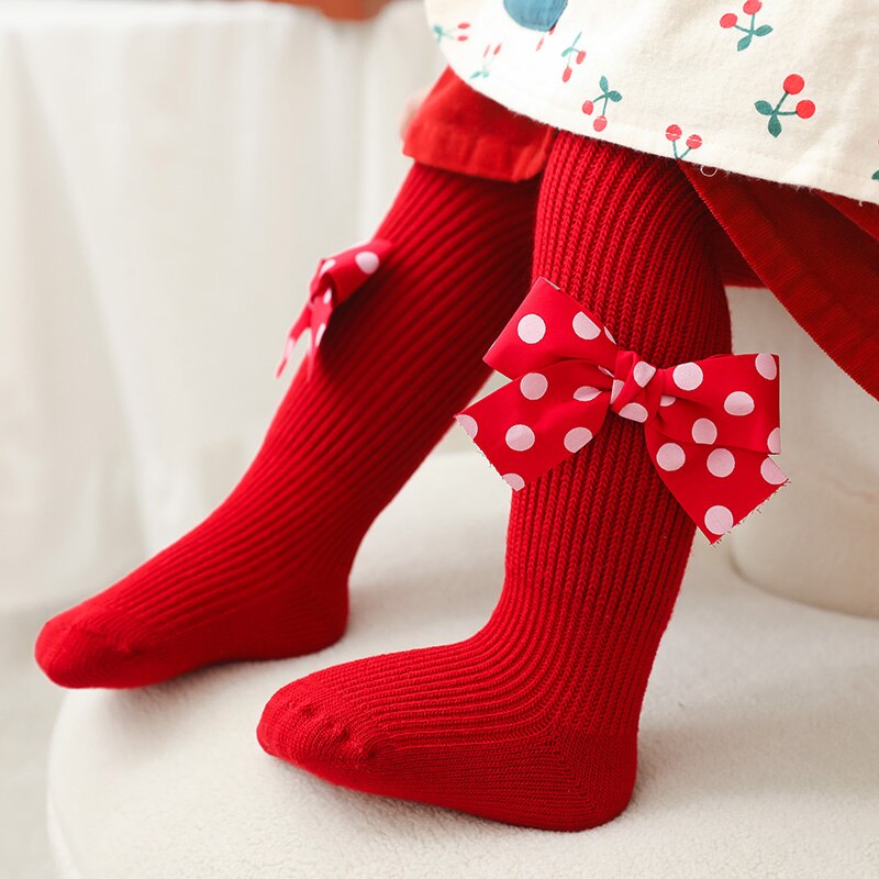 Collants de noël pour bébé fille, bas solide côtelé avec nœud papillon, pour printemps-automne
