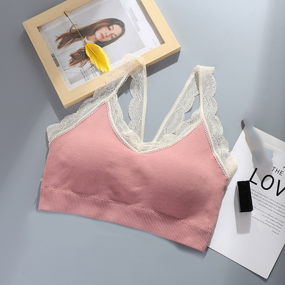 Tops Women 2022 Sexy Crop Top Feamle Push Up Bra Seamless Sports Lingeire Lace Bras Solid Wireless Bralette Tube Camis Top Tank: Pink