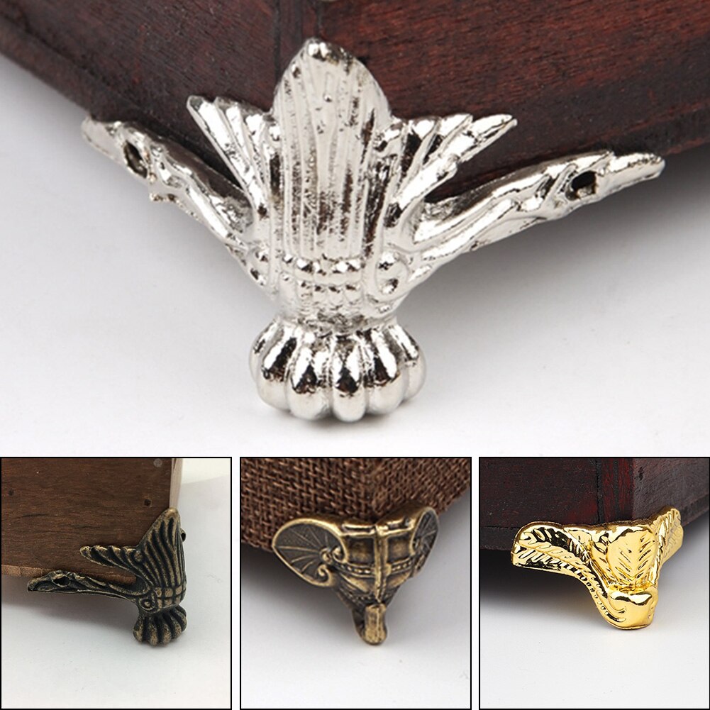 4 stk antikke hjørne beslag bronze sølv guld smykkeskrin trækasse dekorative fødder ben hjørne beskytter møbler hardware