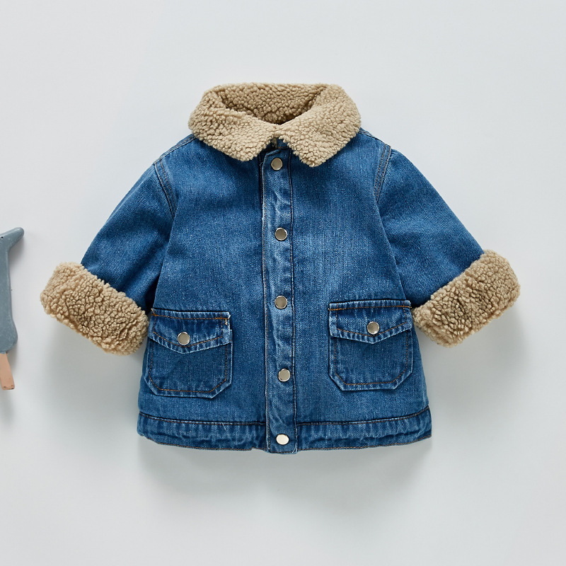 Winter Jas Voor Baby Meisjes Jongens Turn-Down Kraag Fleece Warm Denim Jacket Lange Mouwen Dikke Uitloper Warm kleding E1409