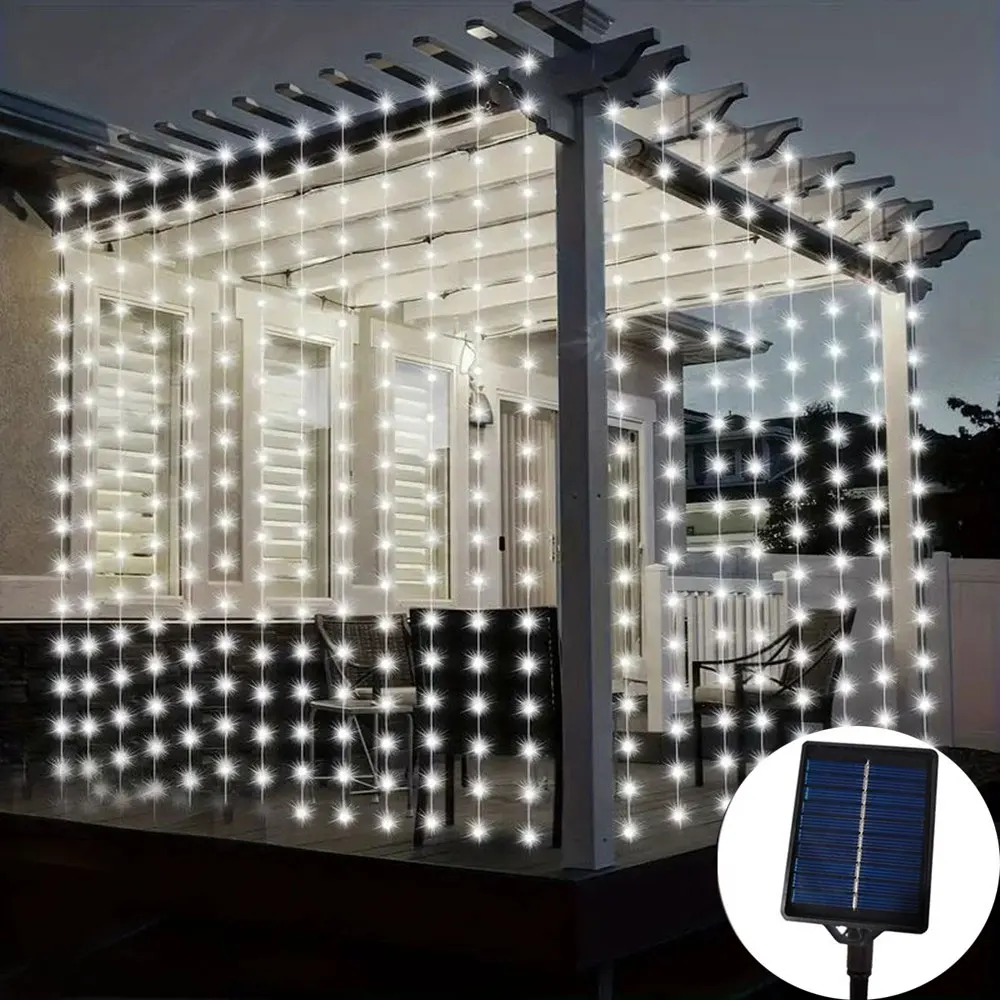 3x3M 300Leds Solar Curtain String Lights Outdoor Waterproof Garden Decoration Fairy Garland 8 Lighting Modes Wedding Lighting: green / 350W