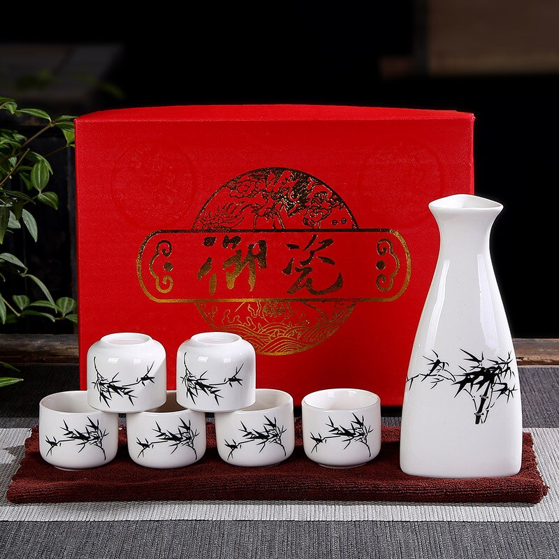 1 Hip Flask 6 Wine Glasses Chinese Traditional Ceramic Tea Wine Set Eco-Friendly Ceramic China (Bar Sets: mozhu