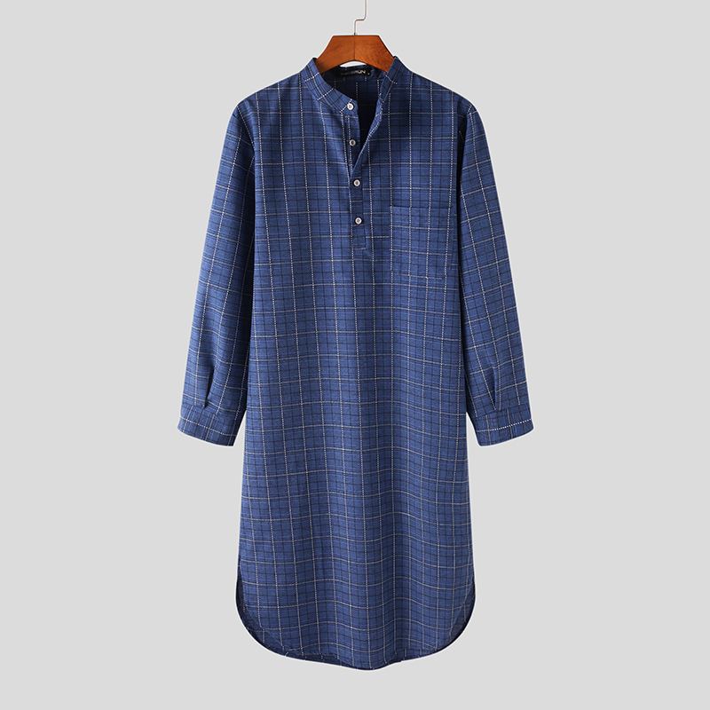 Long Sleeve Stand Collar Nightgown INCERUN Men Plaid Sleep Robes Casual Button Comfy Bathrobes Man Cotton Pockets Homewear S-5XL: Blue / XXL