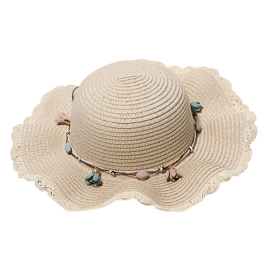 Summer Sun Hat Women Flower Straw Hat Big Wide Brim Solid Hat Sea Beach Sun Hat Floppy Hat Classic Beach Cap Flower Hat: Beige