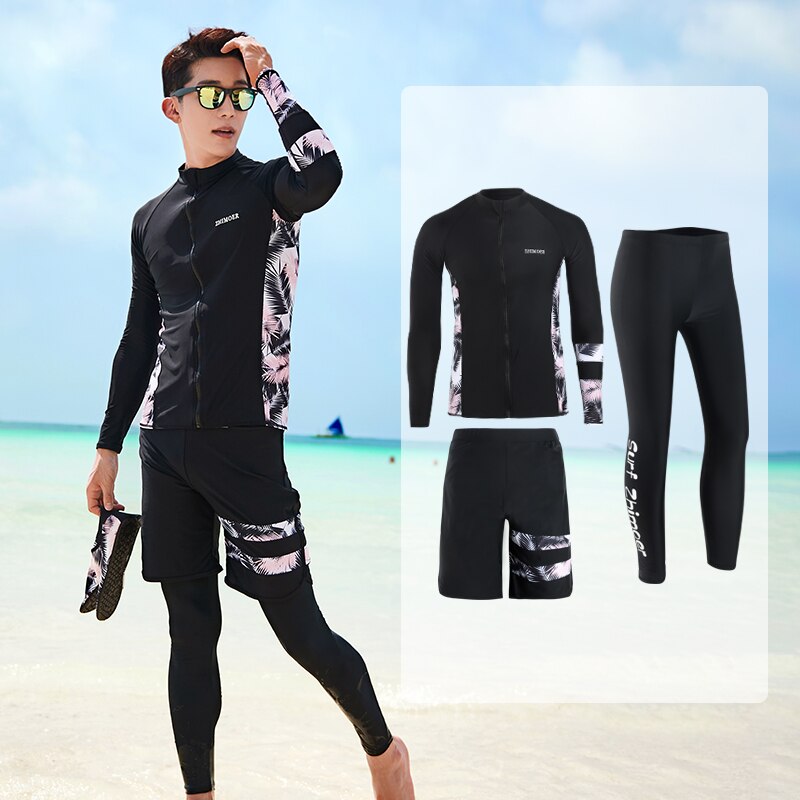 Lange Mouwen Rash Guard Voor Paar Vrouwen 5 Stuks Surfen Pak Rits Badmode Lange Slipje Hoge Hals Badpak Lange leggings: ZME2006men / Xxxl