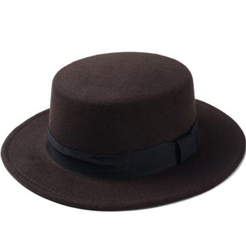 Brand Wool Boater Flat Top Hat For Women Felt Wide Brim Fedora Hat Laday Prok Pie Chapeu de Feltro Bowler Gambler Top Hat: Deep coffee