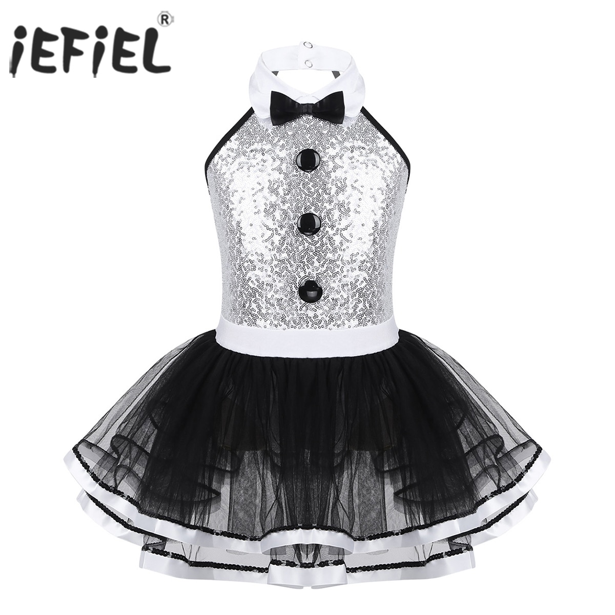 Kids Girls Ballroom Dance Costume Dancewear Shiny Sequins Mesh Decorative Button Ballerina Dance Gymnastics Leotard Tutu Dress