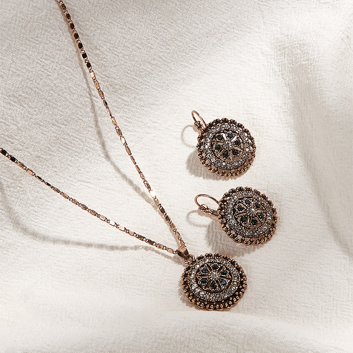 necklace stainless steel jewelry Trendy Vintage Oorbellen Ketting Set, Ronde Patroon Gegraveerde Diamond Earring Ketting, Banket Pendientes Collares
