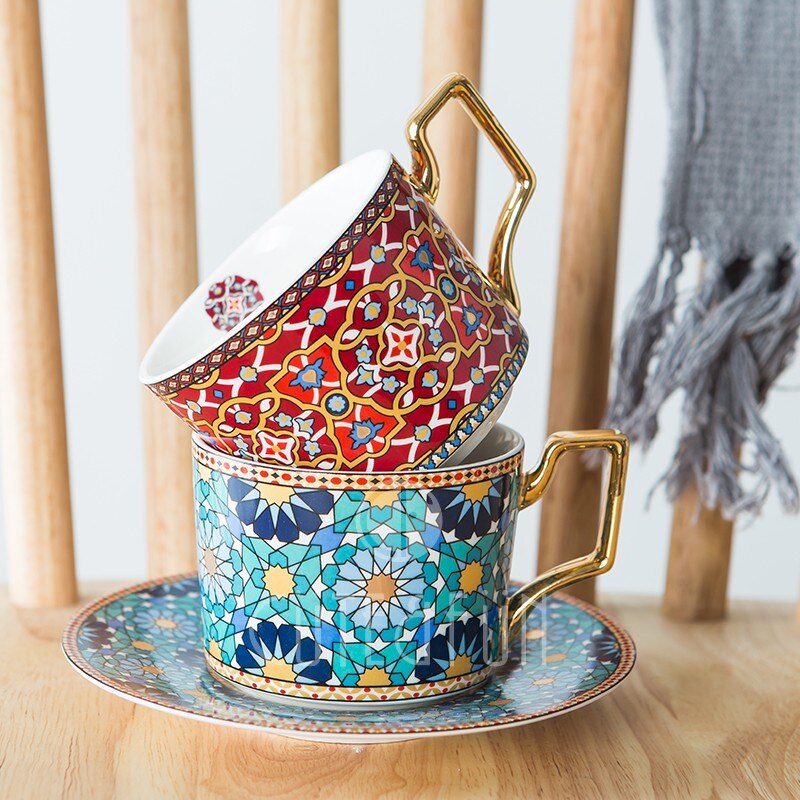 Marokkaanse Stijl Luxe Koffie Kop En Schotel Set Voldaan Gouden Handvat For A Speciale Koffie Cappuccino Keramische Afternoon Tea