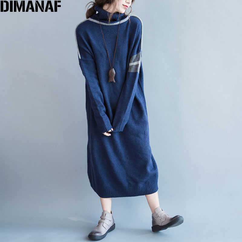 Vestido de talla grande para mujer, de algodón, liso, jerséis, informal, de cuello alto, tejido a la , azul, cálido, para invierno