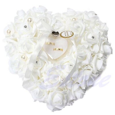 Romantische Witte Roos Bruiloft Kussen Gunst Hartvormige Sieraden Ring Box Kussen Bruiloft Decor