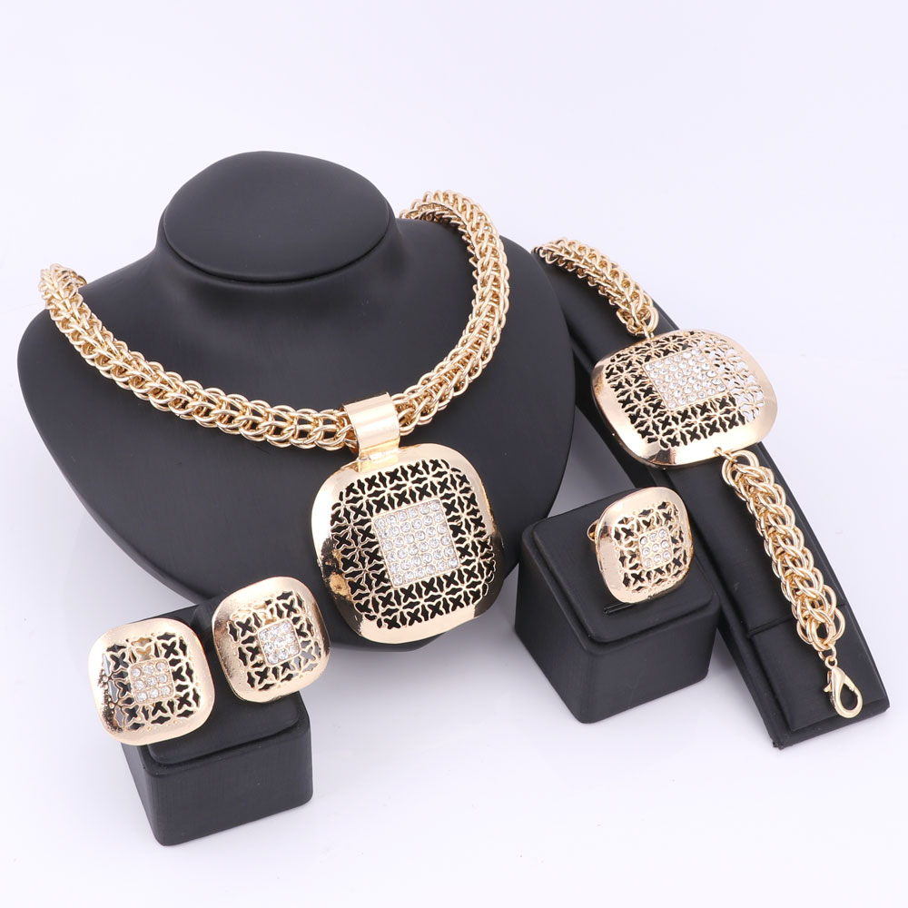 African Beads Jewelry Set Exquisite Dubai Gold Color Square Crystal Jewelry Set Nigerian Wedding Bridal Bijoux