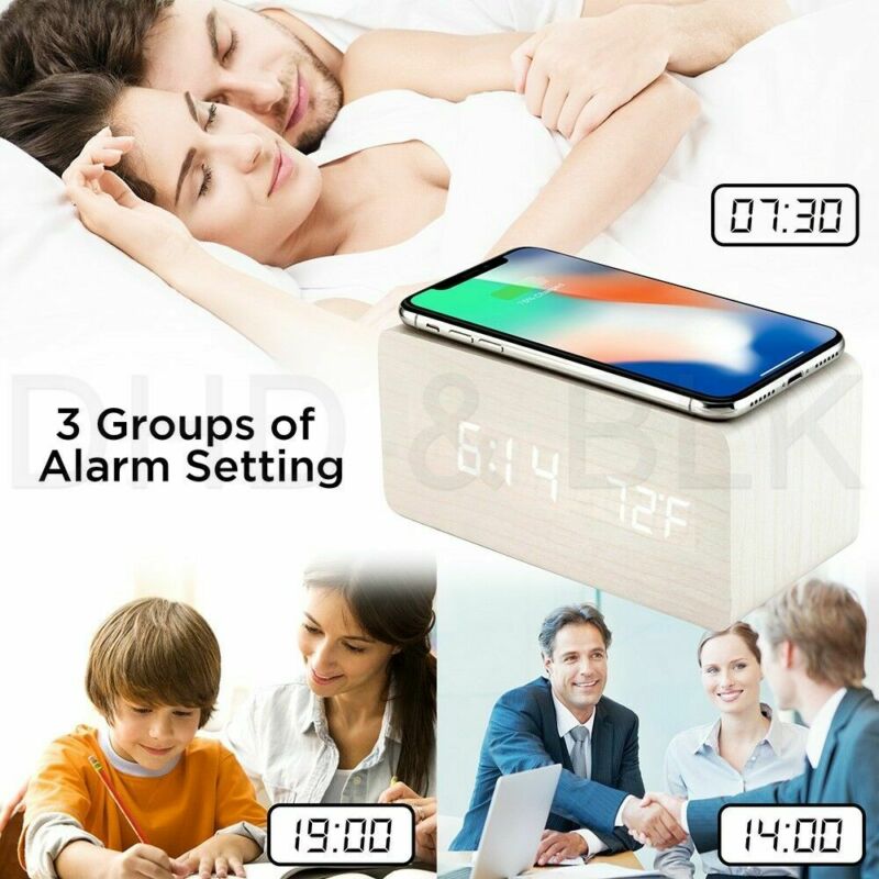 Moderne Houten Hout Digitale Led Desk Wekker Thermometer Qi Draadloze Oplader Bureau Tafel Klokken