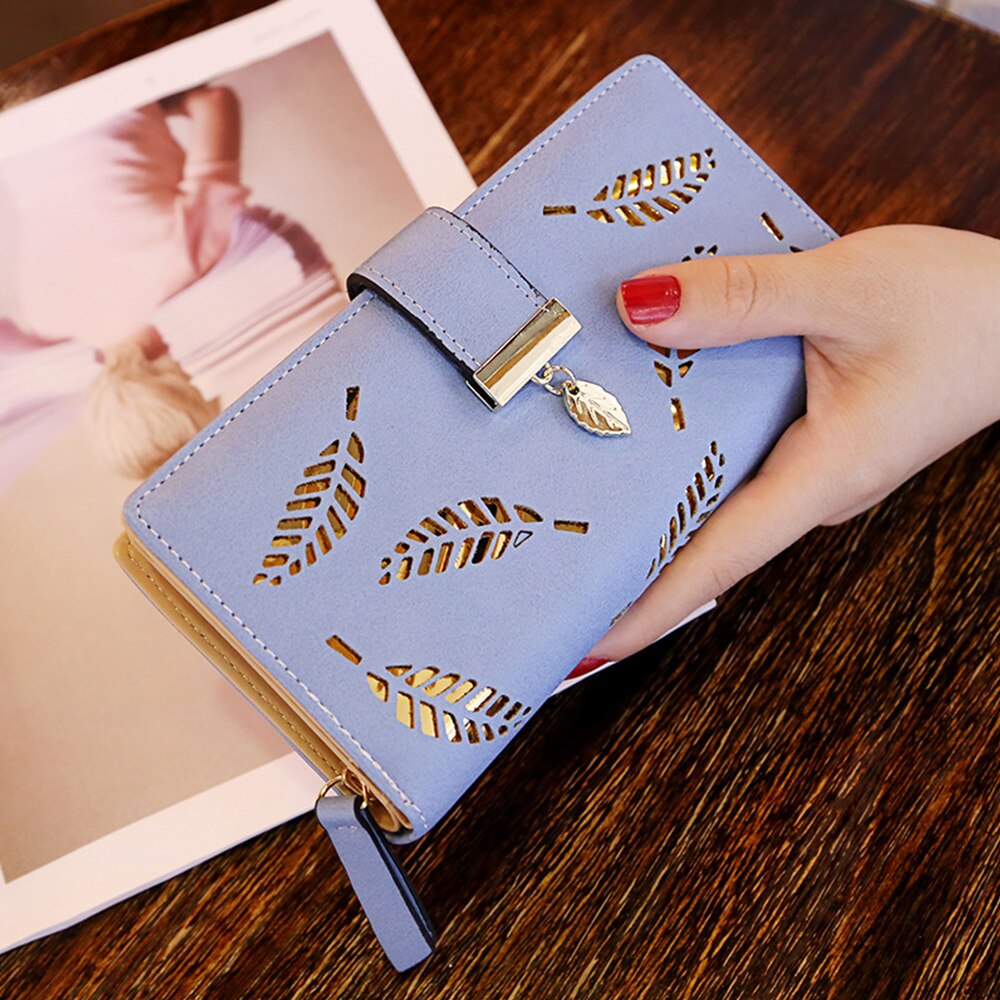 Women Long Wallet PU Leather Purse Female Long Wallet Gold Hollow Leaves Pouch Handbag For Women Coin Purse Card Holders Clutch