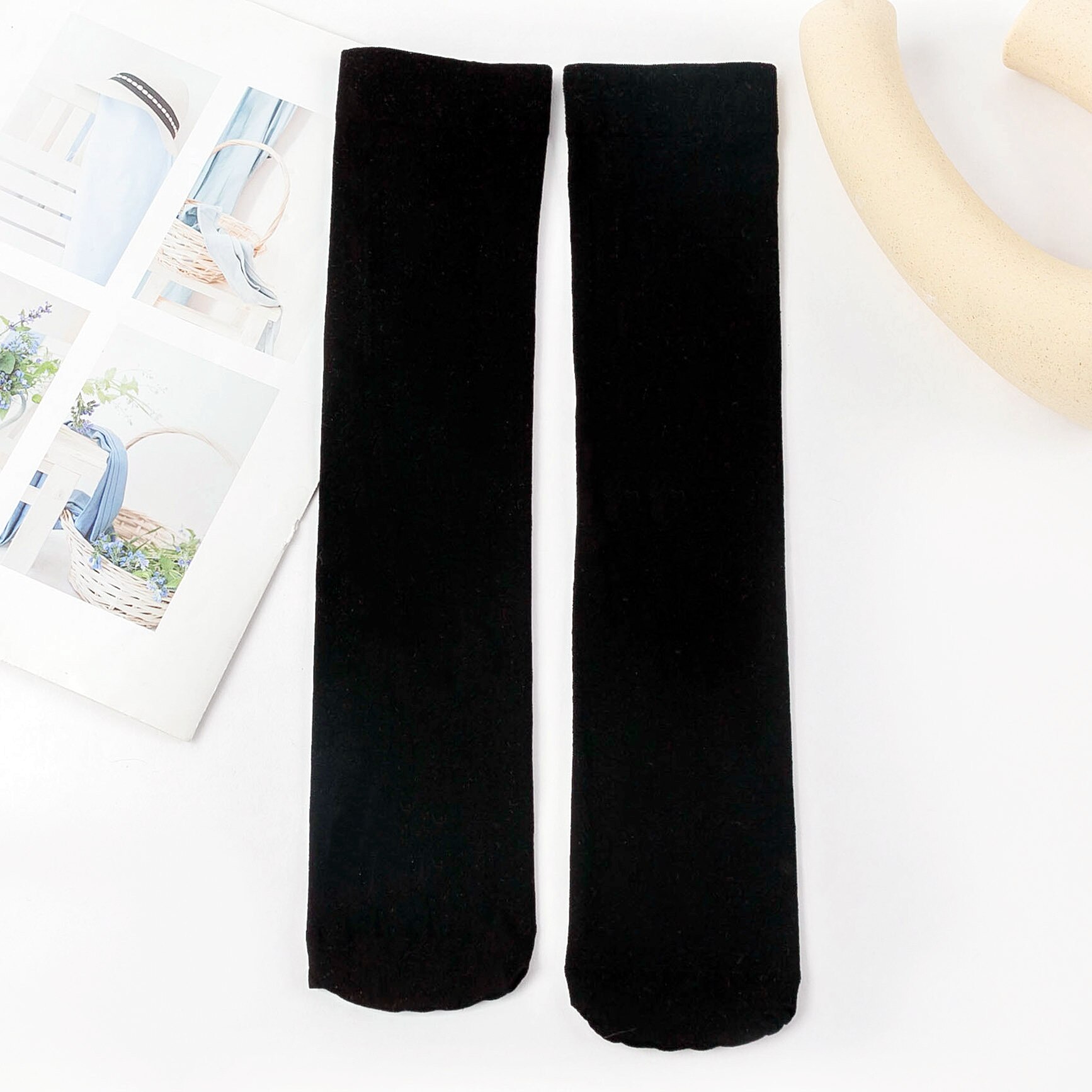 Dreamlikelin Autumn Winter Harajuku Girls Cotton Socks Female Uniform Argyle Socks Wing Rhombus Kawaii High Tube Knee Socks: StyleC Solid Black