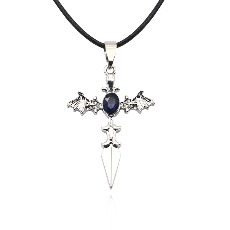 Men Jewelry Cross Pendant Blue Crystal Angel Devil Wings Necklaces & Pendants Metal Leather Chain Necklace Colar