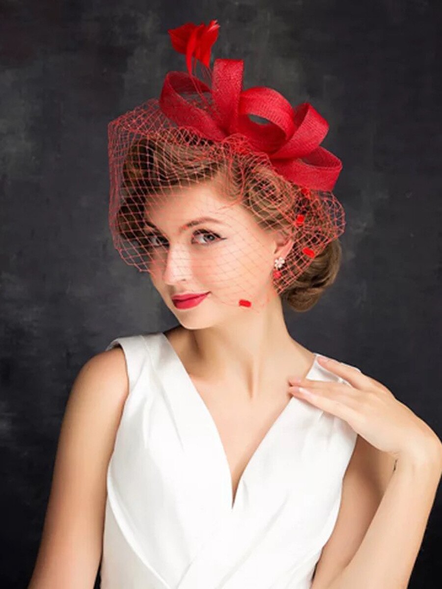 Bryllupskjole fest hår tilbehør hårklip pandebånd brude hovedbeklædning mesh hat: Rød
