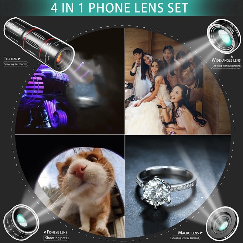 4 In 1 Telefoon Tele Camera Lens,28X Tele + 198 ° Fisheye + Groothoek En Macro Lens Met Statief Voor Iphone, Samsung